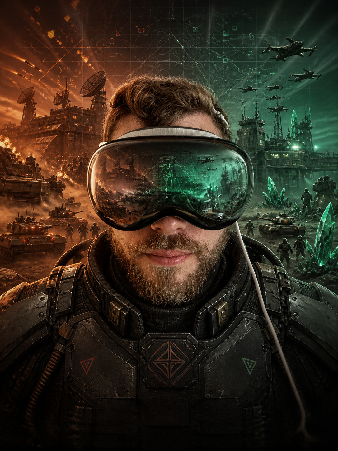 Originale Konzeptillustration eines futuristischen Kommandanten mit räumlichem Headset vor einer geteilten Strategie-Kulisse